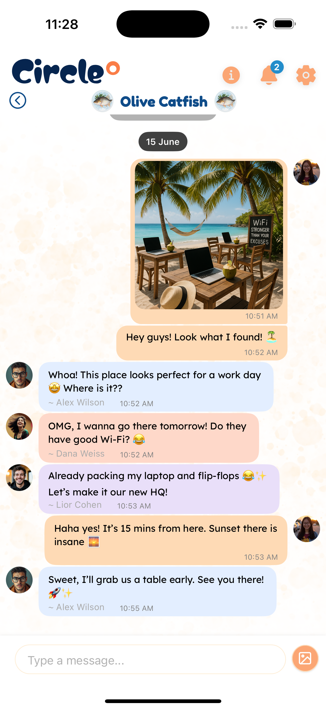 Circle app chat interface for messaging with nearby users