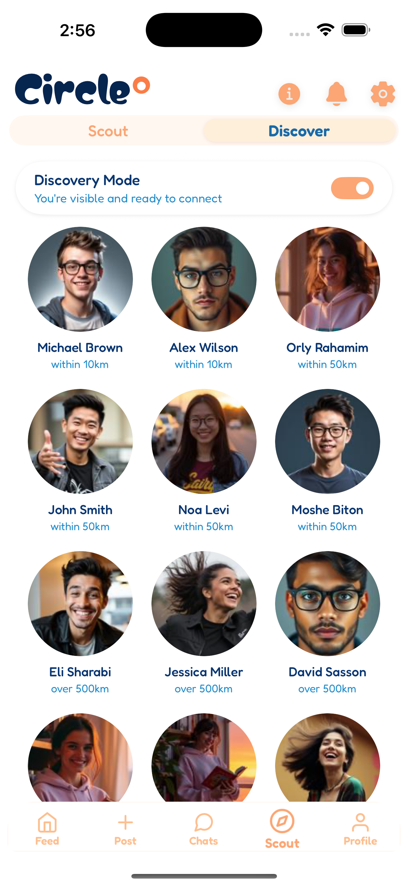 Circle app discover feature showing nearby users and activities