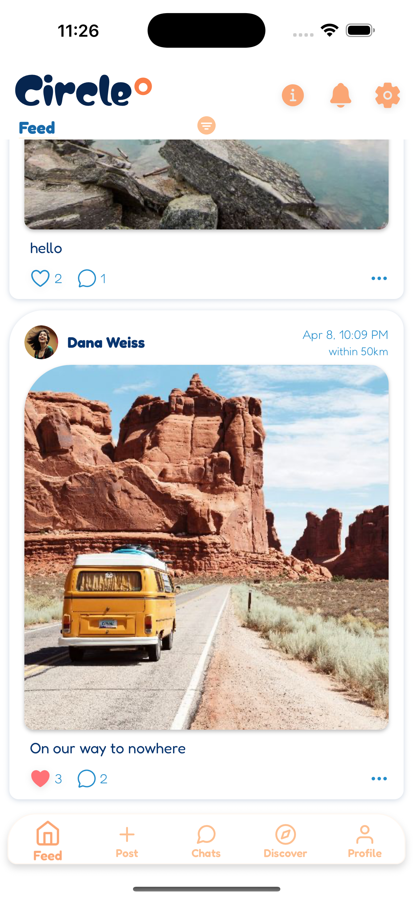 Circle app feed with location-based content and user interactions