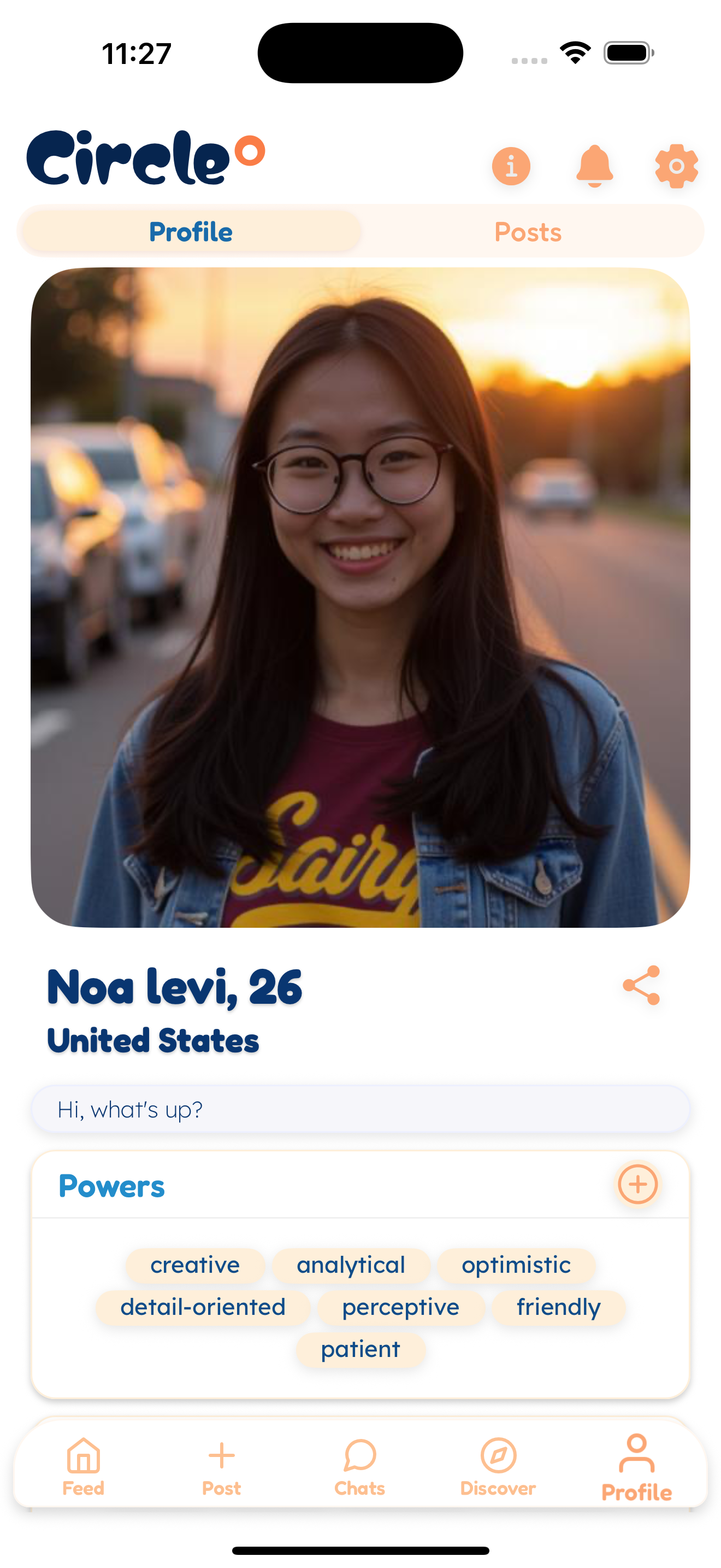 Circle app female user profile with personal interests and location