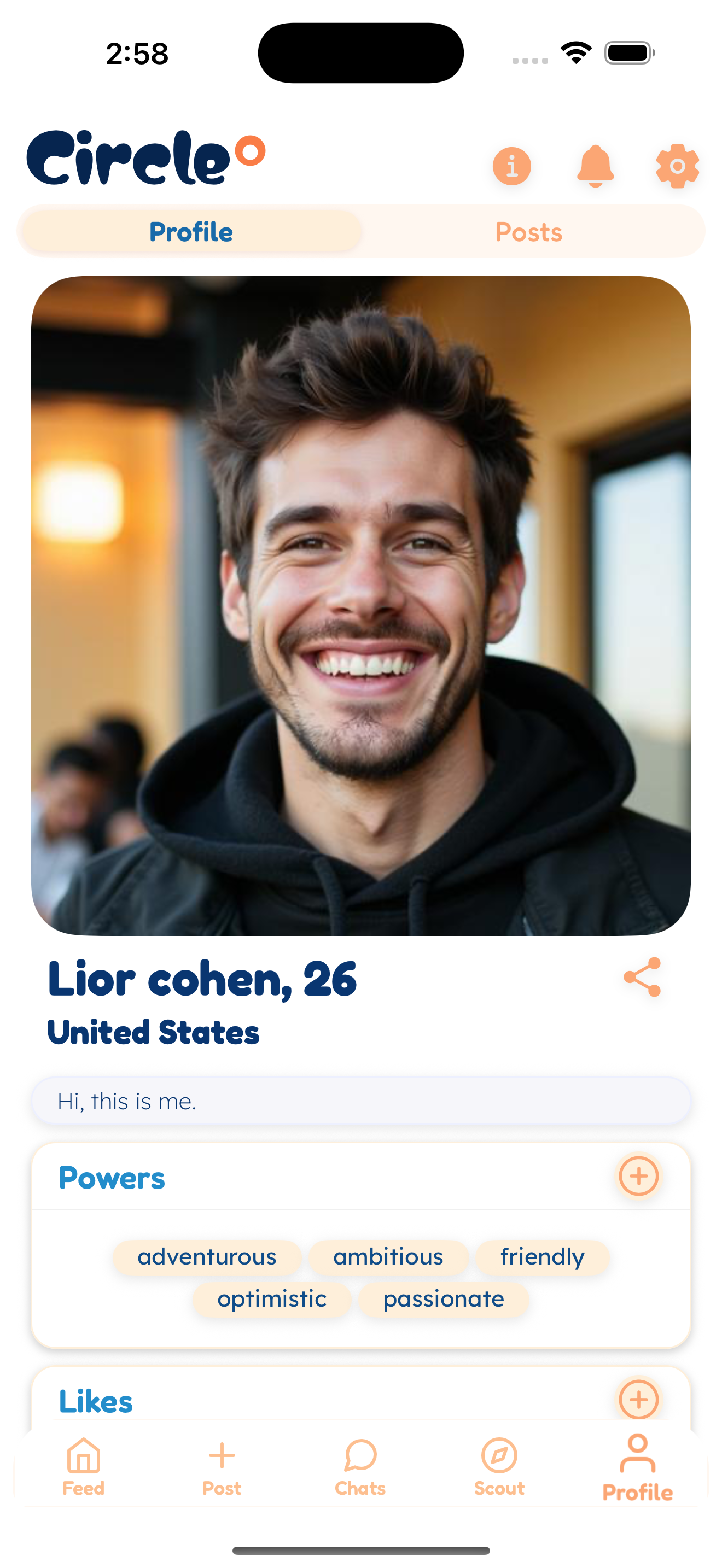 Circle app male user profile showing authentic details and preferences