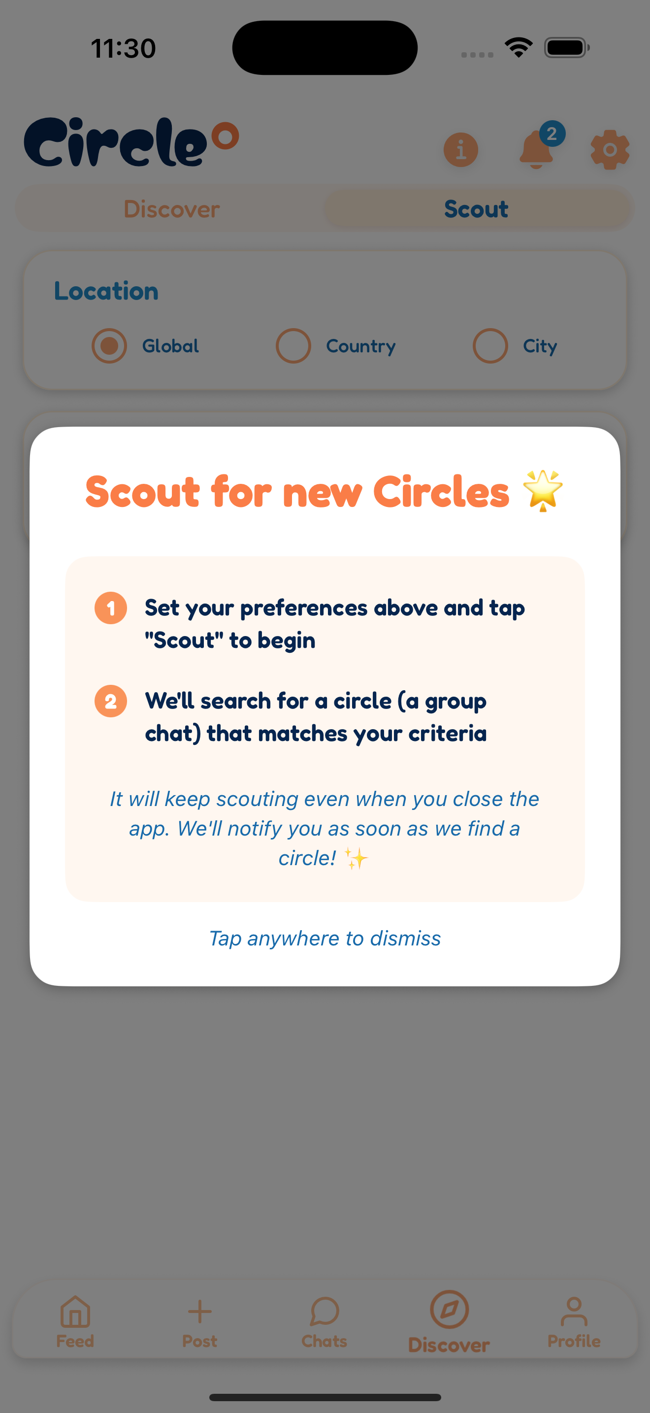 Circle app scout feature for finding new local connections